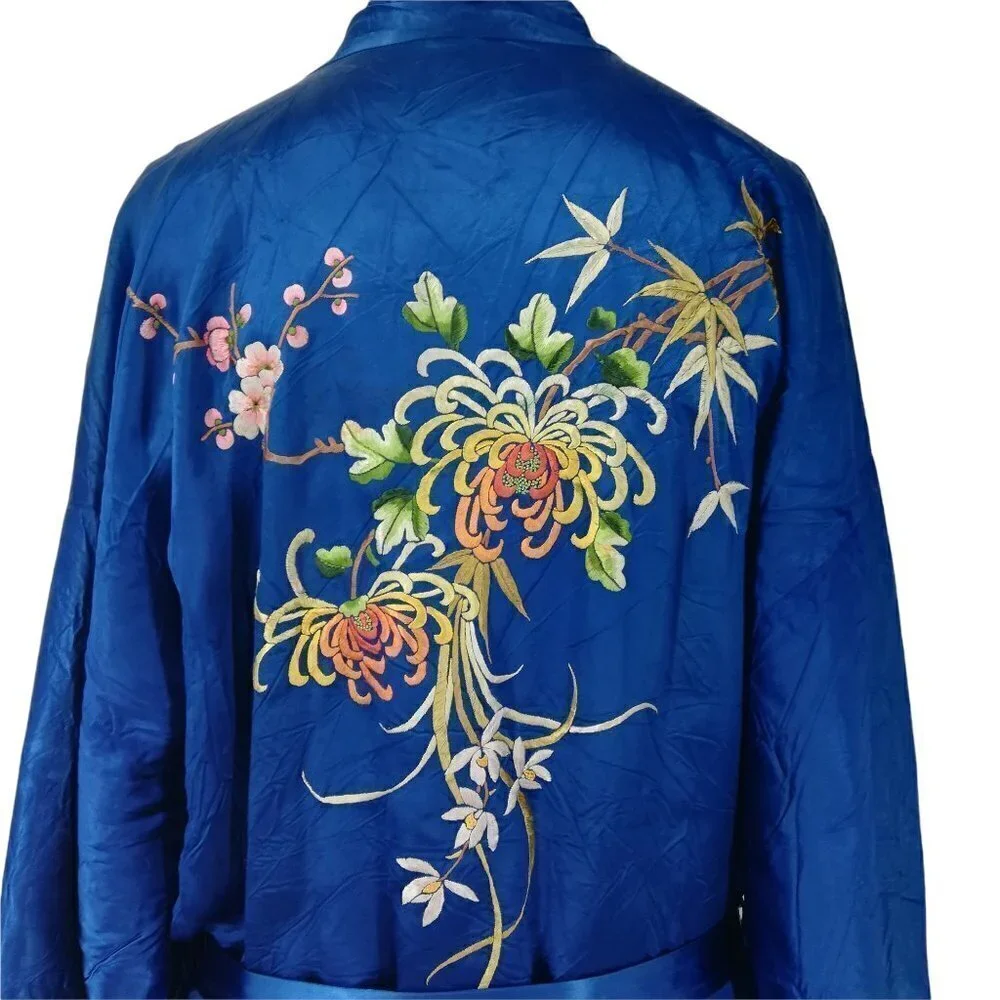 Vintage Silky Kimono Robe Size XL Embroidered Flowers BJD Smoking Jacket Asian - Picture 11 of 12